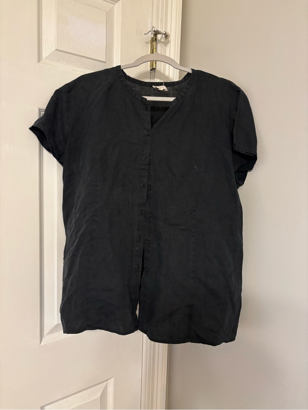 Eileen Fisher Black Short-Sleeve Button-Front Shirt 100% Irish Linen Size XL